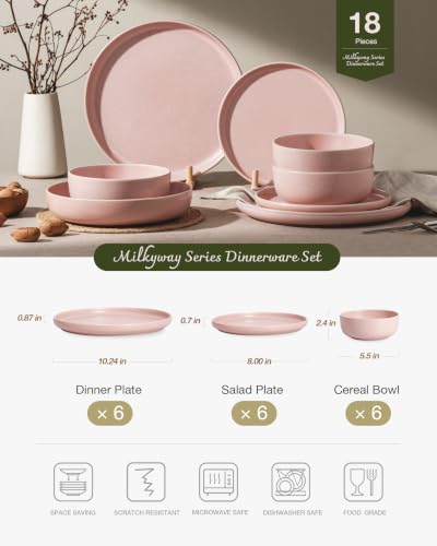 Image of Famiware Milkyway 18-Piece Stoneware Dinnerware Set, Light Pink | Plates and Bowls for 6, Reactive Glaze Dish Set, Microwave & Dishwasher Safe, Chip & Scratch Resistant
