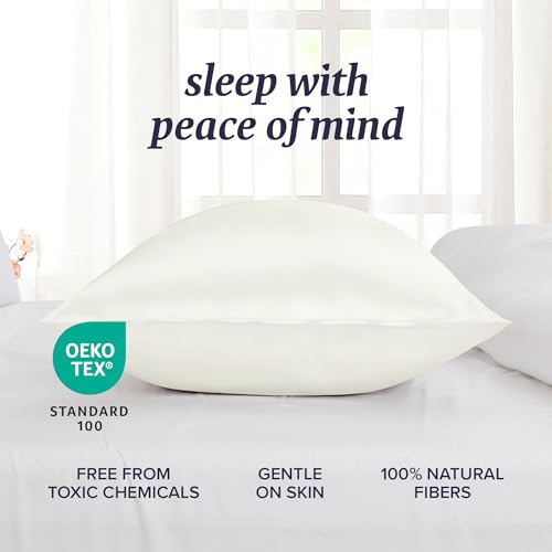 Image of Beckham Hotel Collection Silk Pillow Case with Zipper, 100% Mulberry Silk Pillowcase for Hair & Skin, 22 Momme 6A Grade, Oeko-TEX Certified, 1PC, King, Ivory