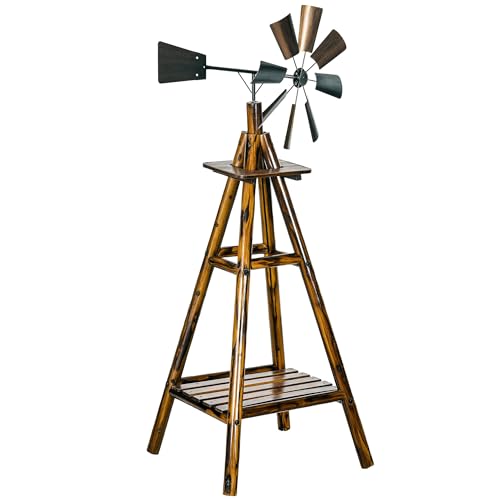 Outsunny Windmill Weathervane with Bottom Shelf Freestanding Weather Vane with Windmill Head Stained Wood