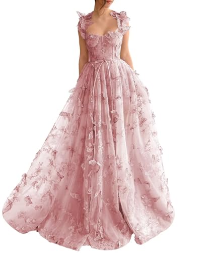 3D Butterflies Tulle Prom Dresses for Teens 2024 Applique Corset Gowns Sweetheart Long Formal Evening Dress with Slit