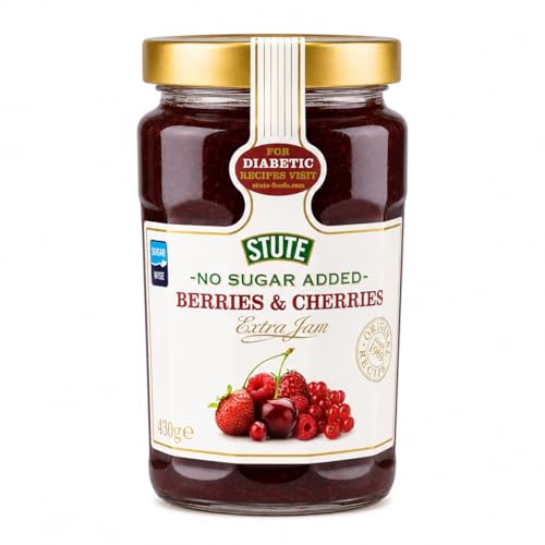 Image of Stute Cherries & Berries Jam 430g | No Sugar Added | 90% Less Sugar & 30% Less Calories | Diabetic Friendly | Imported from UK