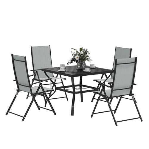 Outsunny 5 Pieces Garden Dining Set 4 Seater Garden Furniture Set with Parasol Hole Outdoor Dining Table with High Back Folding Chairs and Square Metal Tabletop for Patio Grey