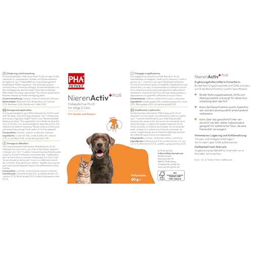 PHA Nieren Activ Plus für Hunde & Katzen - Unterstützung der Nierenfunktion & Erhalt der normalen Nierengesundheit von Hund & Katze, Ergänzungsfuttermittel, Pulver 60 g