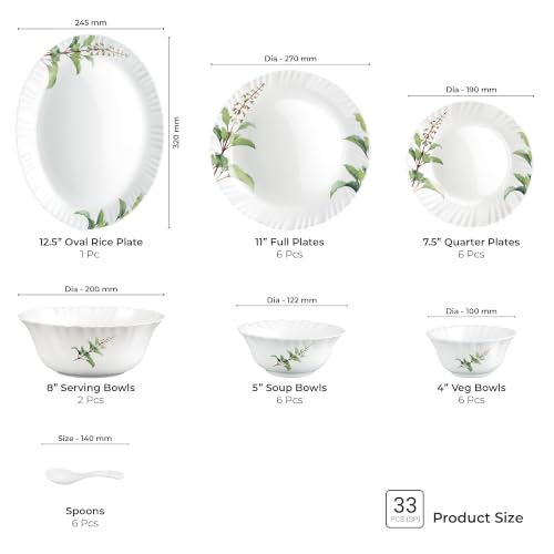 Image of Treo by Milton Opalware Aurelia Savira Dinner Set of 33 | Serving for 6 | Microwave & Dishwasher Safe | Bone-Ash Free | Tempered Toughness | Plates, Bowls, Spoons | Crockery Set for Dining & Gifting