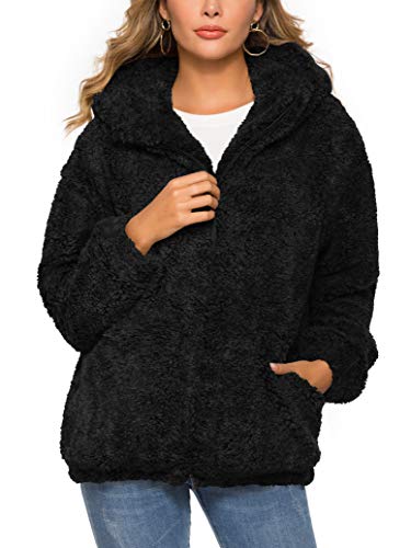 Caracilia Women's Fashion Long Sleeve Lapel Zip Up Faux Shearling Shaggy Oversized Coat Jacket with Pockets Warm Winter C11A5-heise-S Black