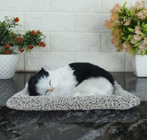 Image of Sleeping Cat Plush Toy with Press Simulation Sound, Sleeping Cat Stuffed Animal Fur Soft Toys with Sound for Kids Car Dashboard Cat & Office Desk (White& Black)