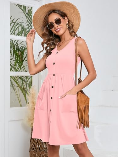 Image of Heymoments Women's Summer Dresses Sleeveless Casual Fashion Loose Swing Button Down Beach Dress with Pockets