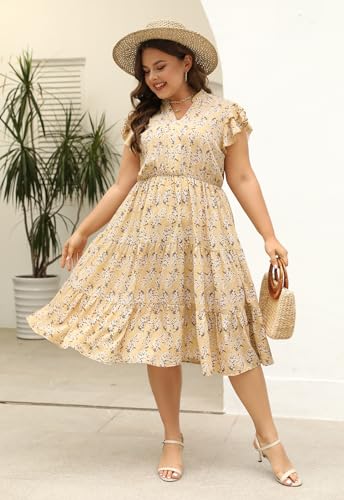 Image of Keluummi Plus Size Wedding Guest Midi Dresses for Curvy Women, Summer Casual Floral Short Sleeve A Line Sundress with Pockets(24 Plus, 02 - Light Yellow Floral)