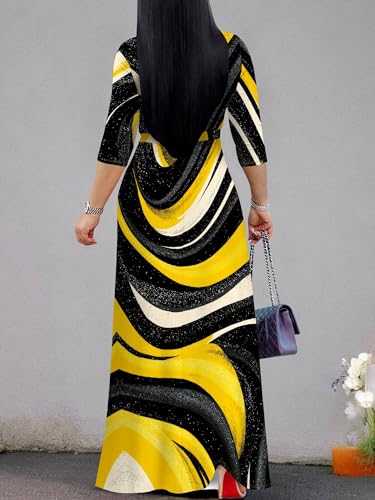 Image of Plus Size Dresses for Women Print Maxi Dresses 3 /4 Sleeve with Belt