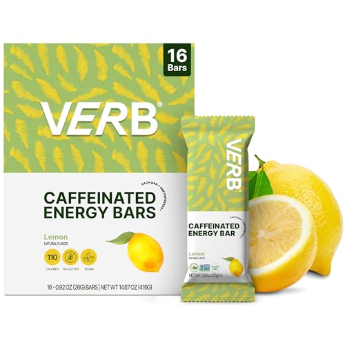 Verb Caffeinated Energy Bars Lemon (26g Pack of 16) 110-Calorie Delicious Low Sugar Energy Bar - Vegan Gluten Free On-the Go Snack with 80mg Green Tea Caffeine Only Real-Food Ingredients