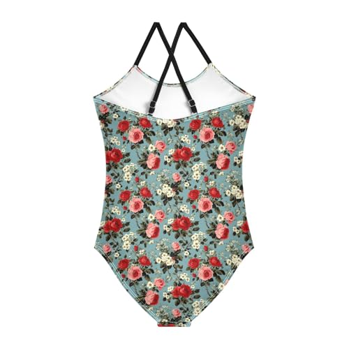 Girls One Piecing Swimsuit Roses Pink Red Kids Bathing Suits Swimming Suits2