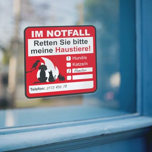 Hinweis-Aufkleber Set Haustier-Rettung I 2 Stück I 8 x 8 cm I Im Notfall retten Sie bitte meine Haustiere! I zum Ausfüllen I für Haus-Tür Kühlschrank und Auto I hin666
