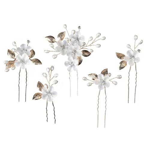 BDEPSTR Lot de 5 Épingles à Cheveux Dorées à Fleurs | Bijoux Capillaires Élégants pour Femmes, Filles, Mariages et Communions