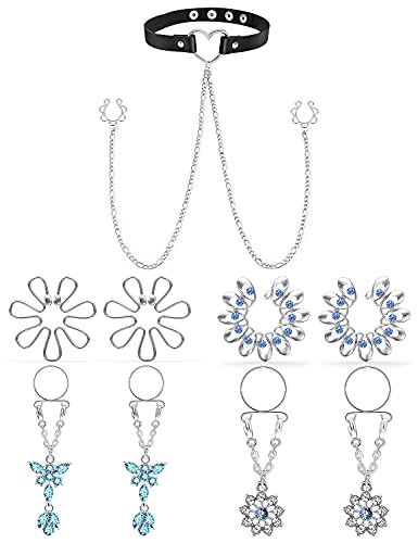 Yaalozei Fake Nipple Rings Adjustable Nipple Noose Piercing Rings Nipple Chains Fake Nipple Piercing Clip on Nipple Rings Clamps Faux Body Piercing Non Piercing Nipple Ring Piercing Jewelry for Women