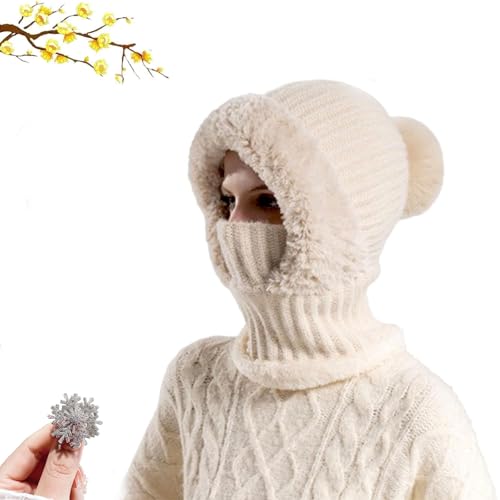 Bonnet tricoté femme 3 en 1 beige avec écharpe et masque hiver