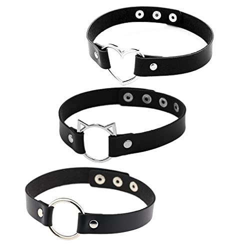 Borsgye 3 Stück Leder Choker Halskette Damen Gothic Punk Rock Halsband PU Leder Choker Kette Einstellbar Band Kragen Breit - Schwarz