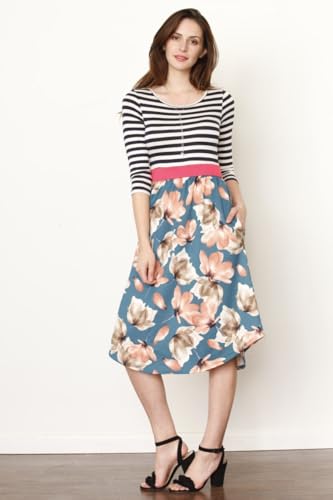 Image of Eloges Women's 3 /4 Sleeve Contrast Waist Band Floral Curved Hem Midi Dress