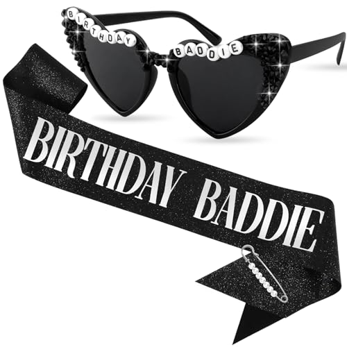 CUBACO Birthday Baddie Sash and Sunglasses for Women Birthday Girl Outfit Suitable 21st 25th 30th 40th 50th 60th Women Accessories Pins for Party Decoration Favors Supplies
