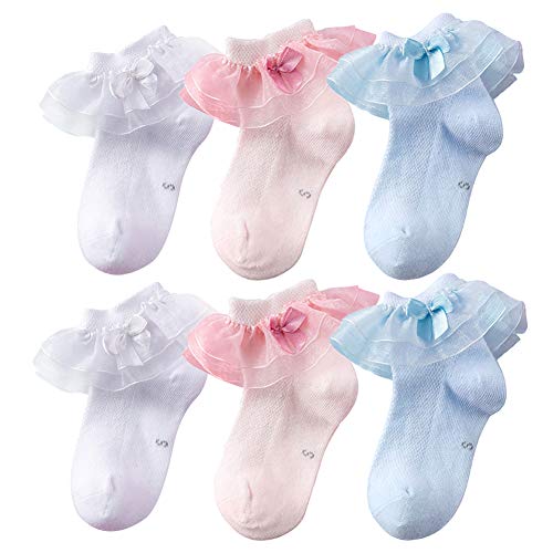 Looching Baby Toddlers Girls White Cotton Princess Style Ruffles Lace Top Frilly Mesh Socks with Bowknot Pack of 6 (2 White+2 Pink+2 Blue, M(4-6 Years))