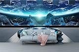 FLFK Spaceship Interior Backdrop Wall Murals Peel and Stick - 3D Universe Workshop Outer Space Travel Science Explore Station Earth Wallpaper for Bedroom Living Room 77.8"x59"