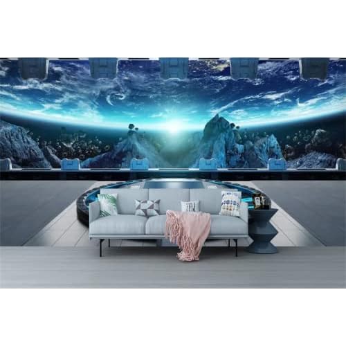FLFK Spaceship Interior Backdrop Wall Murals Peel and Stick - 3D Universe Workshop Outer Space Travel Science Explore Station Earth Wallpaper for Bedroom Living Room 77.8"x59"