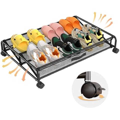 AXLORP Under Bed Shoe Storage with Wheels, 1 Pack Under Bed Shoe Organizer with Metal & Mesh Cloth, Rolling Under Bed Storage Containers, Shoe Rack Under the Bed for Bedroom Space Saving (Back) Cover