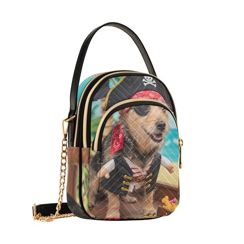 Funny Dog Pirate Corsair Women Shoulder Purses Phone Handbag Small Chain Purse Floral Print Ladies Tote Crossbody Satchel, 5.9" × 8.3" × 3.1"2