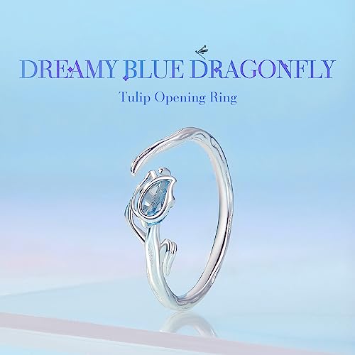 Dainty Tulip Sterling Silver Ring for Women Blue Crystal CZ Flower Open Statement Ring Wrap Finger Band Engagement Promise Rings Eternity Rings4