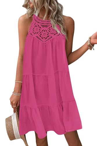 Image of Wkior Womens Summer Dresses 2025 Casual Halter Sleeveless Flowy Mini Dress Tiered Pleated Beach Sundress