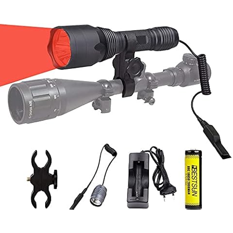 BESTSUN Red Hunting Torch, 250 Yards Tactical LED Red Hunting Flashlight 1200 Lumens Lamp Torch with Scope Mount& Pressure Switch, Battery Charger Waterproof Red Torch for Coyote, Hog, Fox, Predator Cover