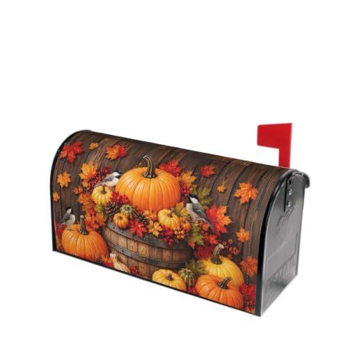 Image of Autumn Magnetic Mailbox Cover Farmhouse Fall Pumpkin Birds Maple Leaf Rustic Thanksgiving Mailbox Wrap Post Cover Standard Size 21x18Inch for Garden Yard Outdoor Seasonal Decor
