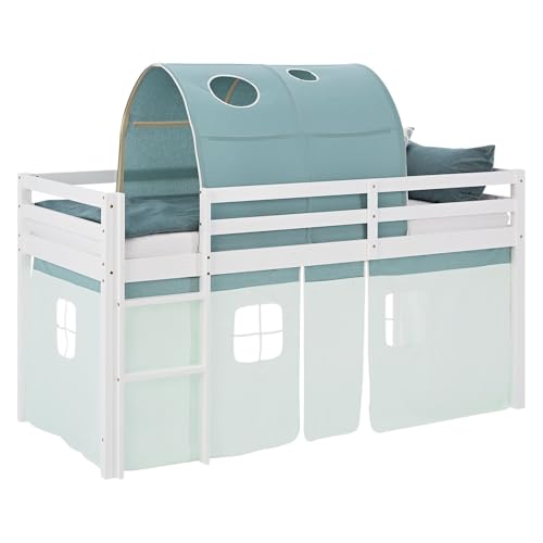 Homestyle4u Hochbett 90x200 grün Vorhang mintgrün Kinderbett mit Rausfallschutz Kiefer Tunnel Lattenrost Matratze Homestyle4u Hochbett 90x200 grün Vorhang mintgrün Kinderbett mit Rausfallschutz Kiefer Tunnel Lattenrost Matratze