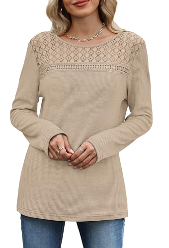 WIHOLL Womens Lace Long Sleeve Shirts Fall Tops Fashion Dressy Casual Lightweight Sweaters Mesh Clothes Trendy Waffle Knit4