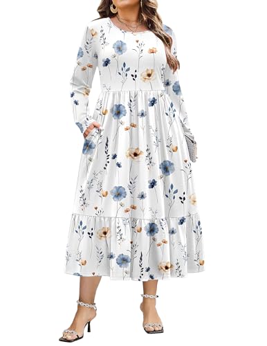 IN'VOLAND Plus Size Dresses for Women Floral Maxi Dress Flowy Long Sleeve with Pockets