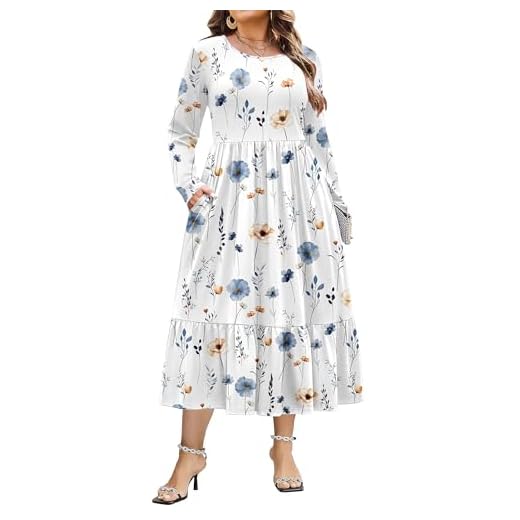 IN'VOLAND Plus Size Dresses for Women Floral Maxi Dress Flowy Long Sleeve with Pockets