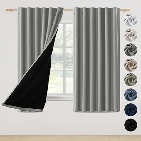 FantasDecor 100% Blackout Curtains for Bedroom with Black Liner 2 Panels Set 52x63 Inch Thermal Insulated Noise Reducing Blackout Bedroom Curtains Drapes with Rod Pocket & Back Tab, Dove Grey Cover