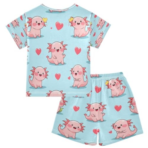 Pajama Sets Short Sleeve Cute Axolotl Love Pattern Soft Cotton Summer Sleepwear 2 Piece PJS Size 5-14T2