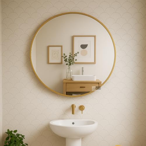 Image of 30 inch Vanity Round Home Decor Wall Mirror in Gold I Metal Frame Mirror I Modern Design Gold Metal Frame Mirror I Decorative Mirror for Bathroom Wash Basin, Bedroom, Drawing Room (Gold-30)