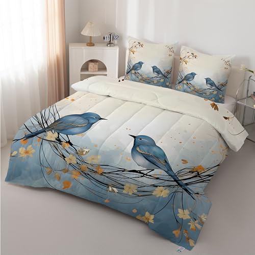 Boceoey Pájaro Azul Edredón Cama 90 Flores De Acuarela - Edredón Reversible 4 Estaciones de Microfibra, Diseño Flores Pájaro, Suave Relleno Nórdico 180x220 cm y 2 Fundas de Almohada 50x75 cm AX-509