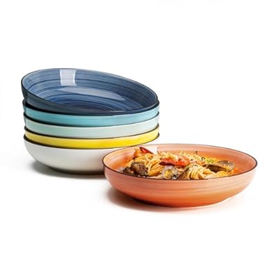 Sweese Large Pasta Bowls Set - 30 Ounce Ceramic Plates for Dishwasher & Microwave Safe - Solid Salad Bowls Plates - Deep Plates Lipped Edges, Oven Safe Porcelain Plates Serving Bowls
