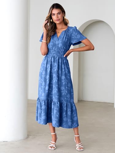 Image of Simplee Womens Summer Boho Maxi Dress Semi Formal Wedding Guest Short Sleeve V Neck Empire Waist Floral Long Dresses