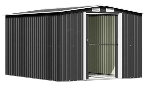 Triumphkey Metall Gerätehaus 247x301x178cm mit Stahlfundament, 13.2m³ Großes Geräteschuppen mit Satteldach, Farradgarage, Gartenschuppen für Rasenmäher, Wetterfest, Anthrazit