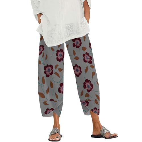 Womens Cotton Linen Capri Pants Floral Print Elastic Waist Baggy Palazzo Trousers with Pockets