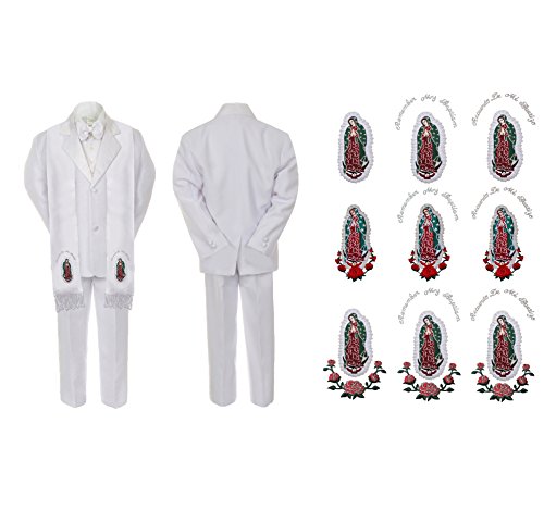 Unotux New Born Baby Boy Baptism White Notch Lapel Suit Silver Guadalupe On Stole SM-20