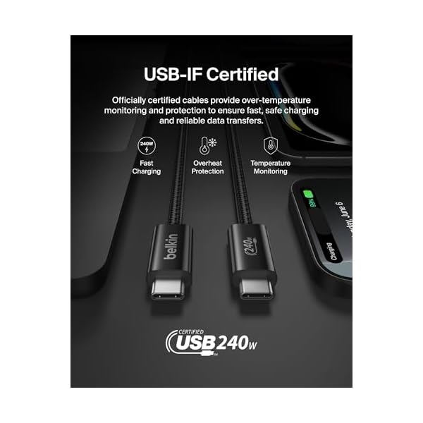 Belkin USB C to USB C Cable ​2-Pack, 6.6ft, 240W - Type C Charger, iPhone Charger Cord, Soft, Braided, Flexible for iPhone 16, Galaxy S25, Pixel 9, MacBook, Chromebook, iPad Pro, Switch – Black - Image 5