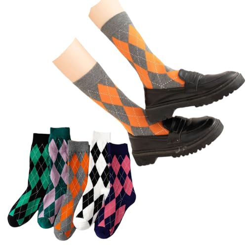 Argyle Socks Retro High Ankle Women 5 Pairs British Style Cute Plaid Mid-calf Casual Crew Socks