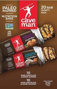 Caveman ( 20 Bar Variety Pack ) 10ct Dark Chocolate Cashew Almond & 10ct Dark Chocolate Almond Coconut 1.4oz Each