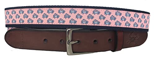 Mens Blue Crab Leather Belt, Leather Tab and Buckle, Blue Crabs on light rose color Ribbon Belt