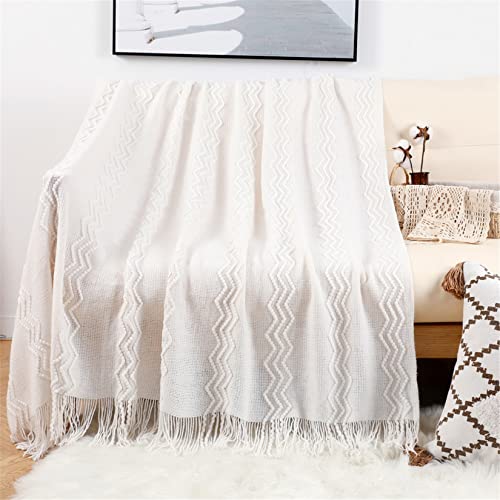 Hayisugal Sofadecke Wohndecke Boho Decke Weich Strick Wolldecke mit Quaste Kuscheldecke Sofadecke Couch Decke Überwurfdecke, Weiß, 150 x 200cm Cover