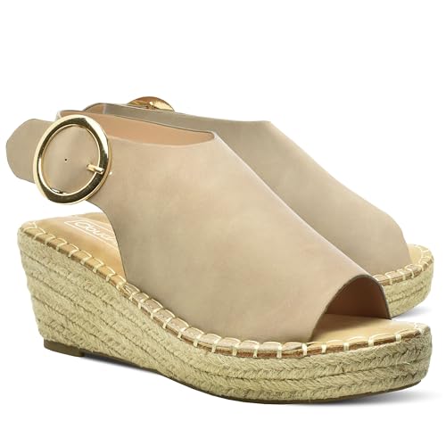 CLOUDAIR Selina Women's Espadrille Wedge Sandals - Comfortable and Stylish Platform Slip On Sandals with Buckle Closure, Comfy Wedge Heels for Women, Fashion Summer Sandals, Stone, 10, Women